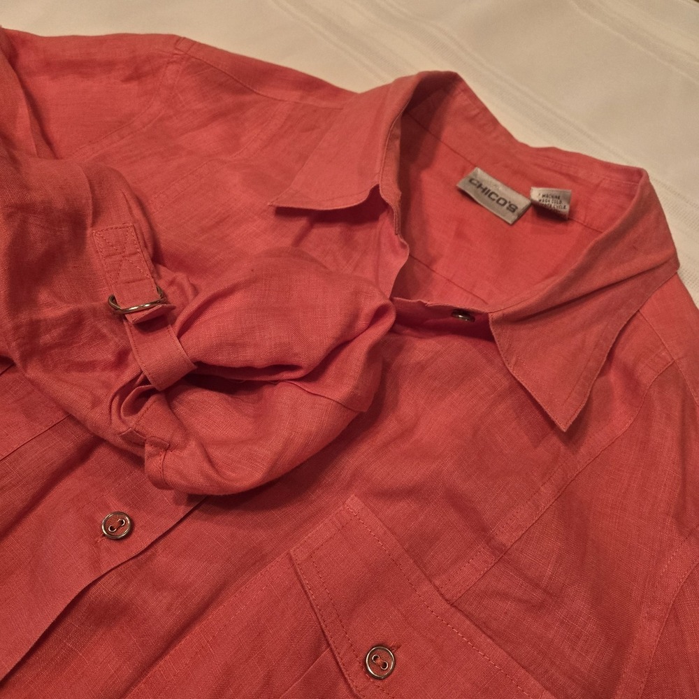 Lino By Chicos Size L (Chico's 2) 100% Linen Button Up Shirt Long Sleeve Pockets